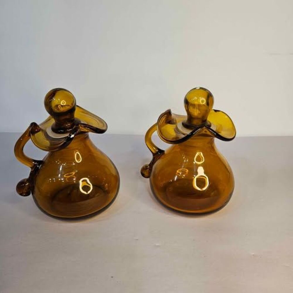 Vintage Amber Glass Oil and Vinegar Cruet Set